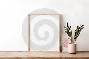 Empty square frame mockup in the modern minimalist interior over white wall background