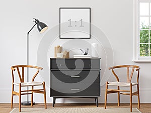 Empty square frame on white wall in scandinavian interior with wood floor, black dresser, biege rug, two armchairs, lamp and deco