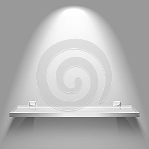 Empty square glass shelf under bright soft lighting hanging on a wall. Raster version advertising background