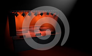 Empty square stage with the reflectors lit with red light and a white light shining in front with black background