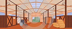 Empty stable, stall panorama. Inside wood shed interior. Paddock building for farm livestock, cattle, horse. Rural