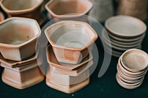 An empty stack of old Flower clay Pot displayed in casual arrangements good copy space.