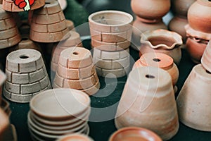 An empty stack of old Flower clay Pot displayed in casual arrangements good copy space.