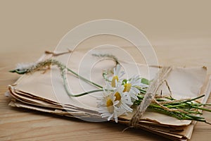 empty stack of old rustic paper torn off edges tied with coarse hemp twine, sentimental rustic memories decorated with cute