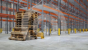 Empty stack pallets in logistics warehouse