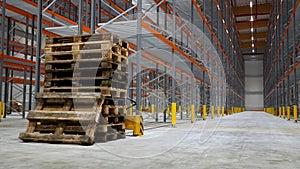 Empty stack pallets in logistics warehouse