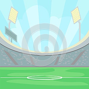 Empty stadium with a green grass in the day time under a blue sky, illuminated sport field background vector