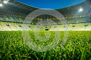 Empty stadium, with open roof. Close up on grass