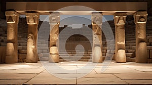 An empty stage with ancient columns and lights. Generative AI image.