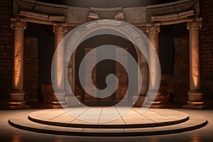 An empty stage with ancient columns and lights. Generative AI image.