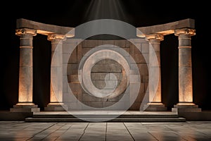 An empty stage with ancient columns and lights. Generative AI image.