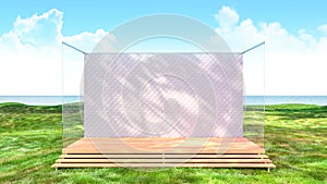 Empty stage backdrop platform in green grass field with sea view background, 3d rendering