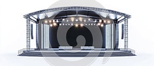 Empty stage with a black backdrop, lights, and speakers