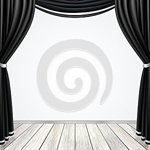 Empty stage with black curtains drapes