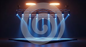 Empty stage with blue spotlights and warm overhead lights image