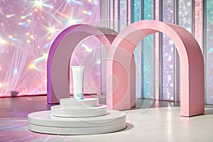 Empty stage with circle podiums and arches on pastel neon background photo