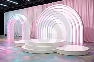 Empty stage with circle podiums and arches on pastel neon background photo
