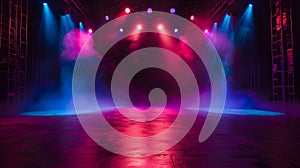 An empty stage is dramatically lit with vibrant blue and purple spotlights