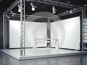 Empty stage with framework and lightspots. 3d rendering