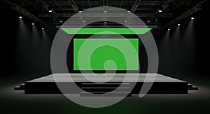Empty Stage with Green Screen and Spotlights