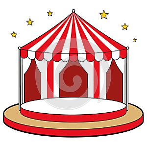 Empty Stage Inside a Red and White Striped Circus Tent at Night