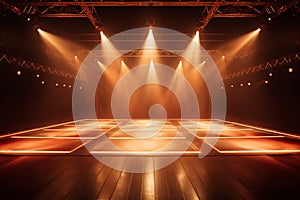 Empty stage light background. Illuminated stage with warm lighting design for modern dance performance. Entertainment show. Stage