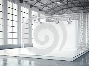 Empty stage with lightspots in modern exhibition interior. 3d rendering