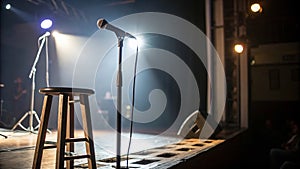 Empty stage with microphone and stool under spotlight in a dark theater setting