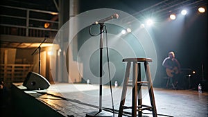 Empty stage with microphone and stool under spotlights