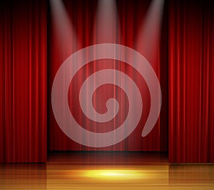 Empty stage with red curtain and spotlight on wooden floor