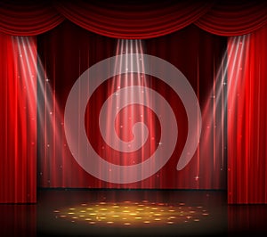 Empty stage with red curtain and spotlight on wooden floor