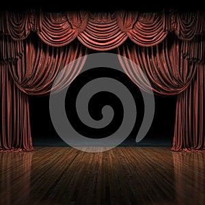 Empty Stage With Red Curtain and Wooden Floor