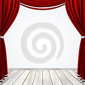 Empty stage with red curtains drapes