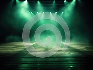 Empty stage with a spotlight with fog clouds, photorealistic, hard greeny light