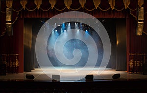 An empty stage of the theater, lit by spotlights and smoke