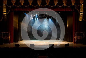 An empty stage of the theater, lit by spotlights and smoke