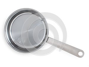 Empty stainless steel, chrome saucepan, stewpan with metal handle isolated on white background, top view