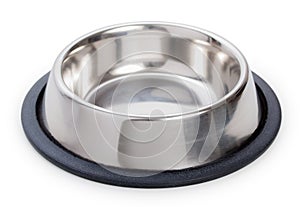Empty stainless steel metal bowl for dog, cat or other pet isolated on a white background