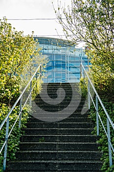 Empty stairs with facade of European Parliament