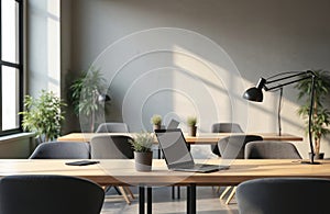 Empty startup office interior with desks. Modern work space, laptops, office equipment, windows, potted plants. Natural light,