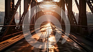 An empty steel bridge road with sunset ahead the city