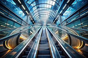 Empty Steel Escalator Ascending Through a Modern Airports GlassClad Hallway A Study in Minimalist Architecture photo