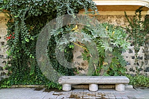 Empty Stone Bench at Cerro Santa Lucia Historical Park in Downtown Santiago, Chile photo