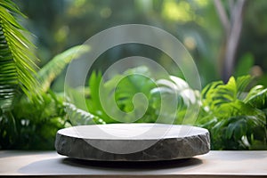 Empty stone podium on wooden table in tropical garden. Product display template.