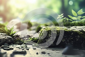 Empty stone surface with blurred rainforest on background. Product background