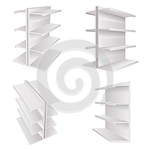 Empty store 3d white trade shelves for goods space realistic template mockup isolated on white set vector illustration