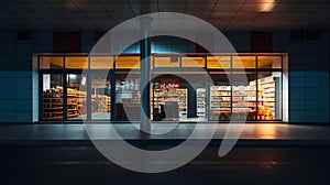 an empty store in the night is lit up by the headlights