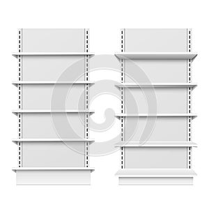 Empty store shelves, blank retail shelf design, supermarket showcase mockup