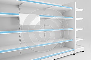 Empty store shelves, food racks. A sheet of paper attached to a shelf. Place for text. 3d illustration photo