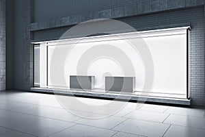 An empty storefront window display with a blank backdrop and podiums for product presentation, on a modern building exterior. 3D